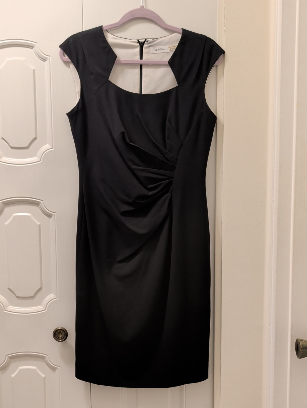 Calvin Klein Black Midi Sheath Dress with Ruched Detail Size 6
